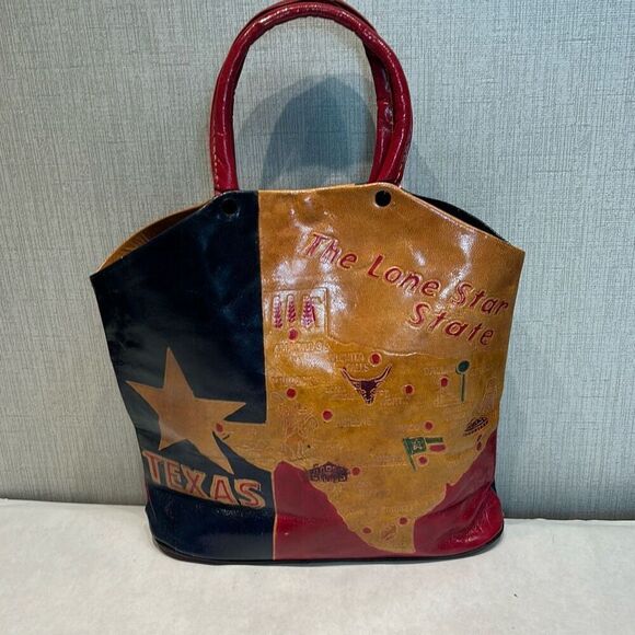 Vtg Texas Lone Star State Leather Handbag TX Flag Stamped Tooled Cities - Picture 4 of 10